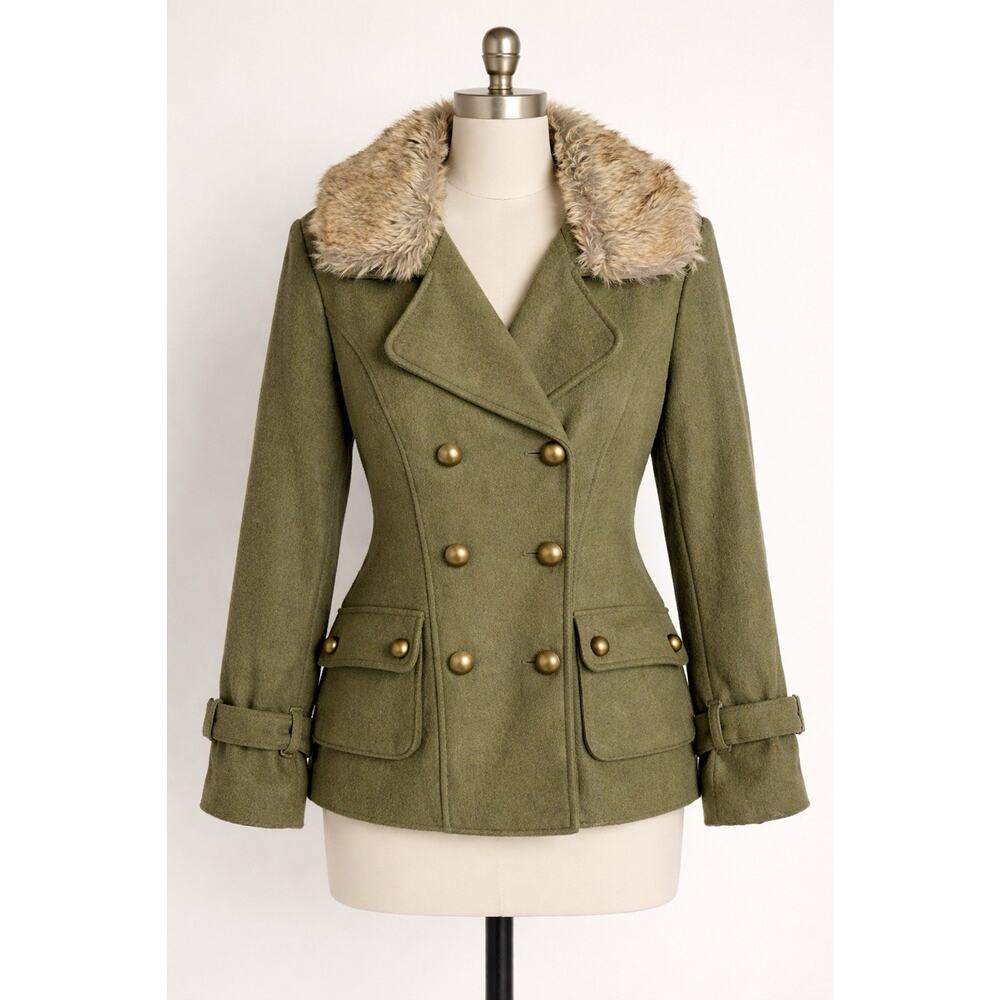Vintage Coat Womens 2X Green Military Wool Peacoat Y2K Lane Crawford Fur Collar